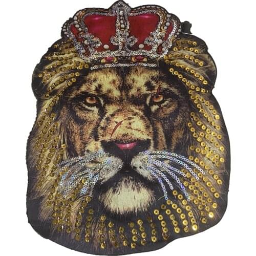 Gold sequined lion head sew on patches for jackets shirts diy