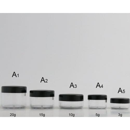 360 x 3g 5g 10g 15g 20g High Quality Empty Transparent PS Cream Round Jar With Black Plastic Cap Cosmetic Make Up Containers