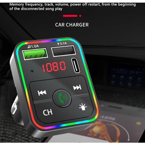 F2 Car Bluetooth FM Transmitter Colorful LED Backlight Wireless FM Radio Adapter Hands Free Car Kit TF Card MP3 Player USB C PD