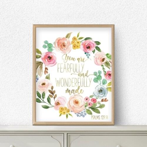 Bible Verse Psalm 139:14 Scripture Nursery Wall Art Canvas Painting Pictures Watercolor Baby Girl Decor Flowers Prints Poster