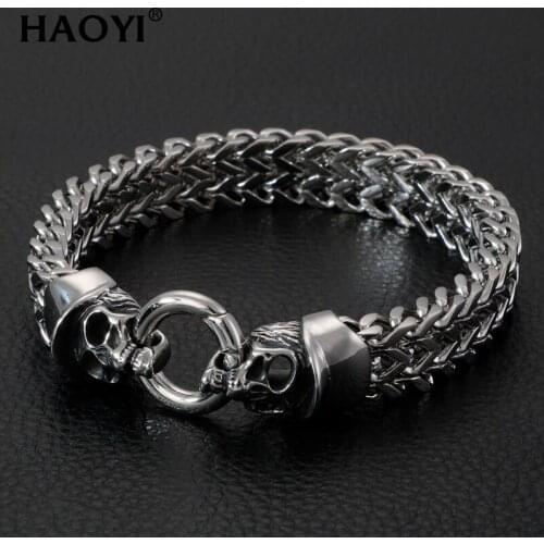 12mm Gothic Double Skull Bracelet For Men 316L Stainless Steel Heavy Shiny Skeleton Charm Link Chain Mens Bracelets Male Jewelry