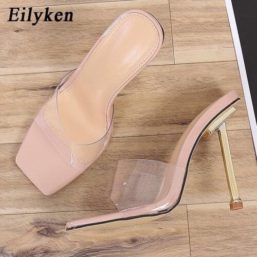 Eilyken 2021 New PVC Transparent High heels Square toe Slippers Pumps Women Mules Lady Slippers Slides size 41 42
