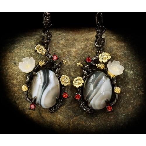 CHARLINLIOL Elegant Plum Blossom Flower Dangle Earrings for Women Gemstone 925 Sterling Silver Baroque Banquet Party Jewelry