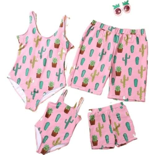 Mother and Daughter Bikini Set Father Son Beach Shorts Boys Girls Swimsuit Summer Pink Cactus Print Family Matching Swimwear
