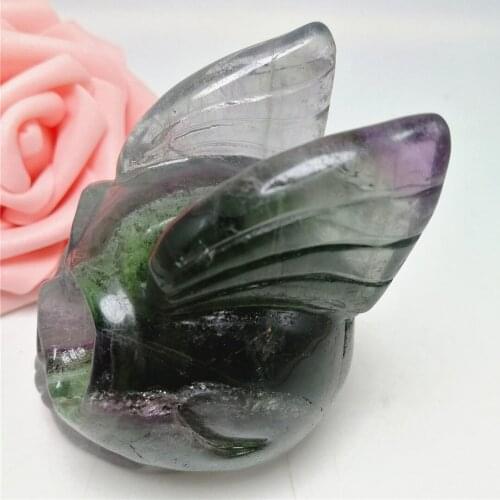 Natural gemstone rainbow fluorite high quality green with purple quartz crystal skull with wing for decoration wholesale price