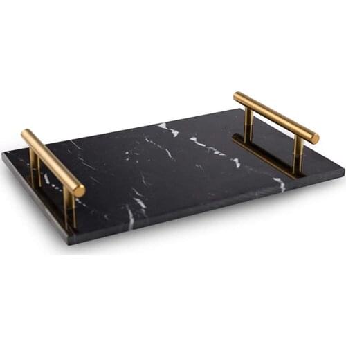 Natural Rectangular Marble Tray with Gold Metal Handles for Bathroom, Kitchen, Dresser