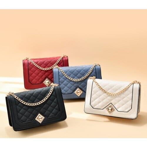 New Fashion Womens Bag PU Soft Leather Small Square Bag Retro Tide Ladies Bag Shoulder Messenger Bag Rhombic Chain Bag