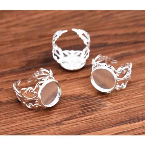 New 12mm 10pcs/Lot Classic Silver Plated Copper Material Adjustable Ring Settings Base,Fit 12mm Glass Cabochons;Ring Bezels