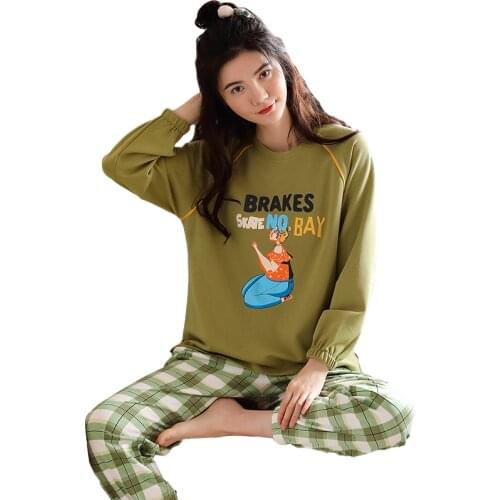 Autumn Full Pure Cotton Cartoon Pajamas Set Women Pyjamas Sleepwear Nightwear Pijamas Mujer Big Size Plaid Long Pants Homewear