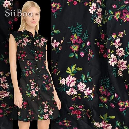 Luxury black with pink red floral embroidery cotton silk fabric for dress heavyweight embroidery silk tissu tecidos yarn SP5016