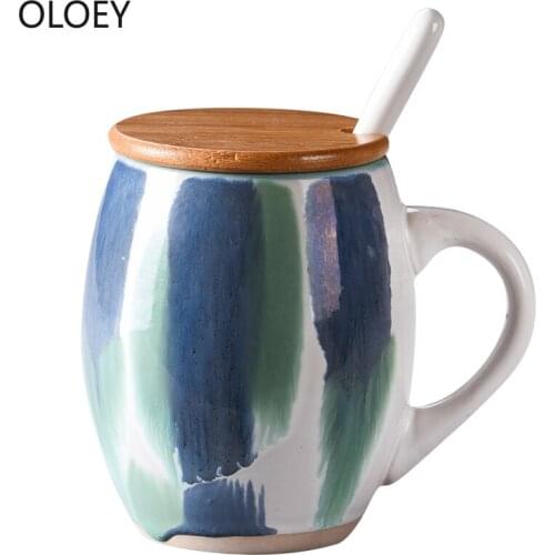 Luxury Blue Vintage Coffee Mugs Handmade Porcelain Milk Mugs with Lids Big Ceramic Travel Tea Cup Reusable Coffee Mug Enamel New