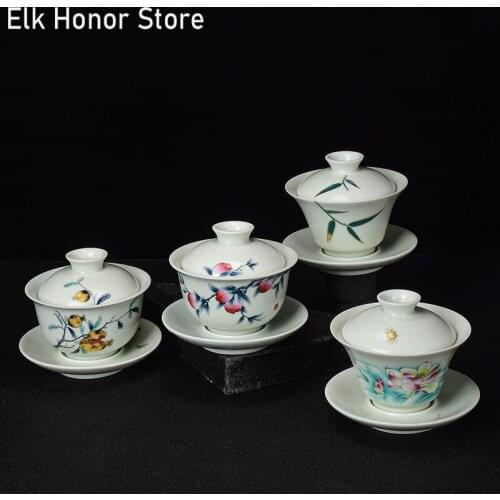 Ru Kiln Every Pottery Sancai Gaiwan Master Cups Hand Painted Peach Tureen Kung Fu Tea Tureen Chinaware Office Decoration