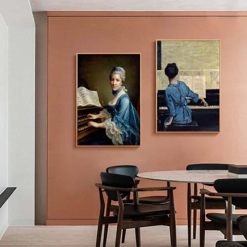 Modern Piano Women Canvas Painting Posters and Printings Vintage style Figure Creative Wall Pictures for Living Room Decoration