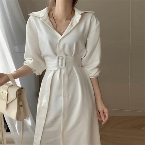Loose Casual Comfortable Sashes Belt Chic 2020 Office Lady Retro Vintage Women Elegant Chic Solid A-Line Long Dresses