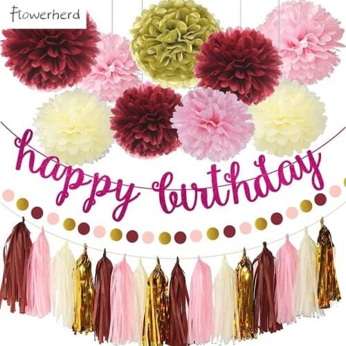 Burgundy Pink Birthday Decorations for Women Grils Birthday Banner Paper Poms Circle Dot Garland and Tassel Garland Party Decor