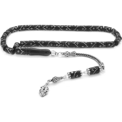 Tesbihane 925 Sterling Silver Tassels Silver Zigzag Embroidered Cut Erzurum Oltu stone Rosary