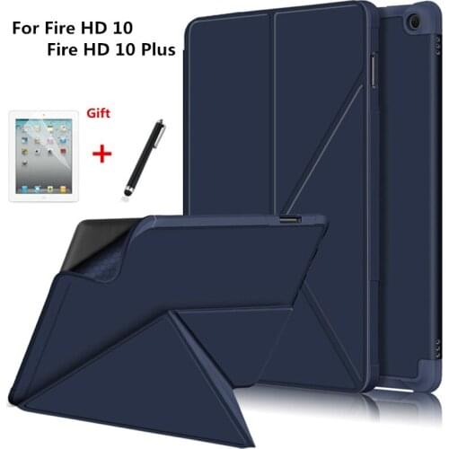 Smart Case For New Kindle Fire HD10 2021 plus tablet PU Leather Protective Stand Cover for Kindle Fire HD 10 2021+film+pen