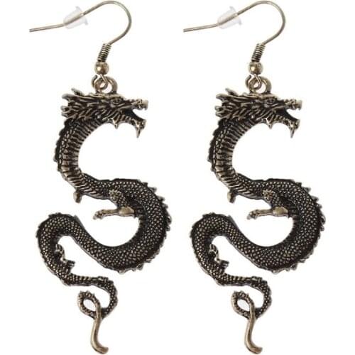 Vintage Bronze Firery Dragon Hook Earrings Dragon Totem Drop Earrings Jewelry