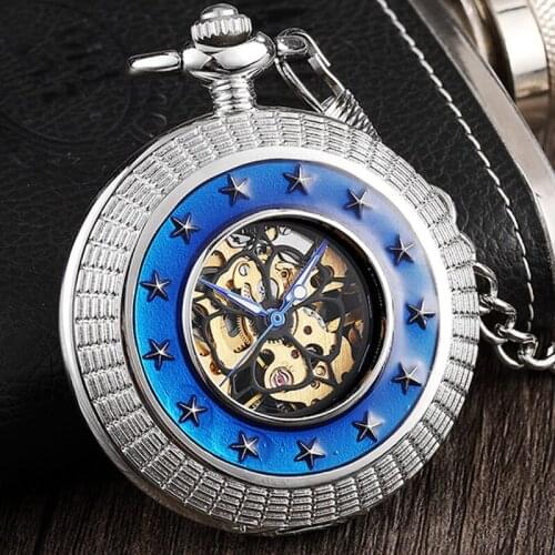 Vintage Silver Steampunk Mechanical Pocket Watch Men Star Surrounded Blue Ring Hand Fob Watch With Blue Roman Numerals For Women