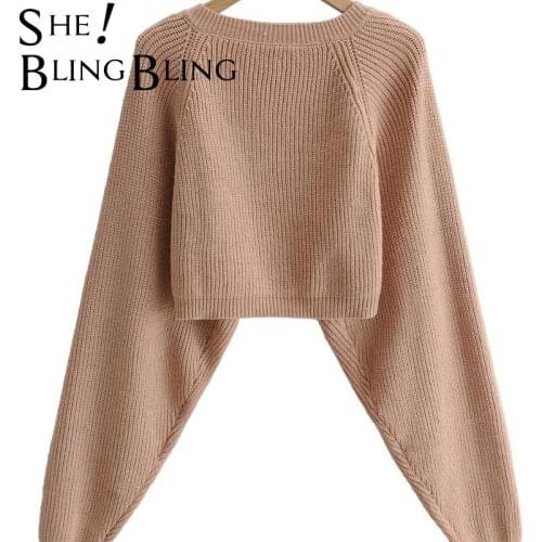 SheBlingBling Za 2021 Woman Fall Winter Cardigans Crop Top Lantern Sleeve Casual loose Knit Cardigan Sweater Coat Female Clothes