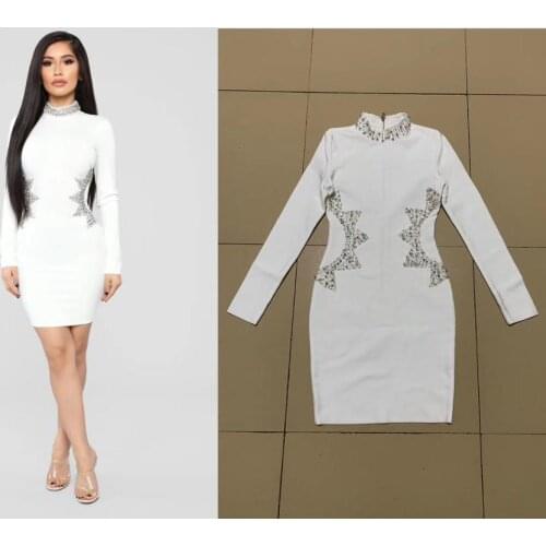 2020 Women Sexy High Neck Long Sleeve Beading Dresses Female Elegant Mini Party Bandage Dress Vestidos White