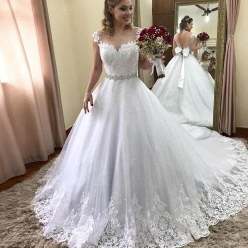 MYYBLE Vestido De Noiva Stunning Sequined Lace Wedding Dress Cap Sleeves Beaded Sash with Bow Bridal Gowns Plus robe mariee