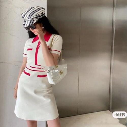 Fadan s asandros new 2021 spring and summer pearl button embroidered short sleeve Lapel knitted dress