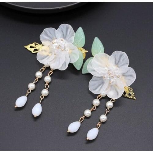 1pair girls hanfu Fashion White Flower green grass Vintage Hairpin Headdress Handmade Women jewelry Chinese Style Hair clip Gift