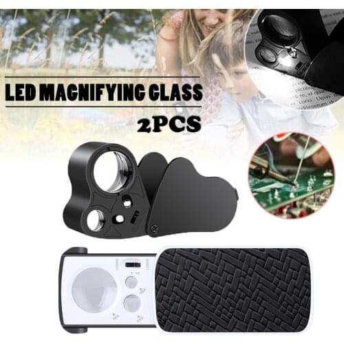 Portable 2pcs Pull-out+Folding Loupe Magnifier 30/60/90X Jeweler LED Magnifying Glass Jewelry Appraisal Coins Stamps Antiques