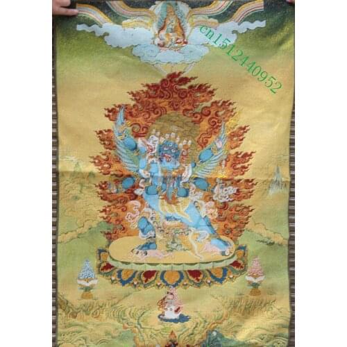 36 inch Tibet Silk embroidery 3 Heads Wrathful Heruka Vajrakilaya Thangka Painting Mural