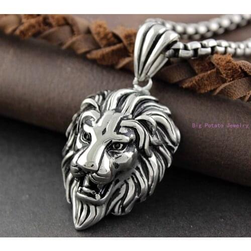 43mm*30mm Top Hot Sell Silver Color Lion Head Pendant Cool Mens Necklace 316L Stainless Steel Jewelry Free Chain 24"