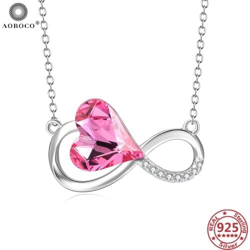 AOBOCO 925 Sterling Silver Necklace Pink Love Heart Fine Jewelry Pink Crystal From Swarovski Necklace Pendants
