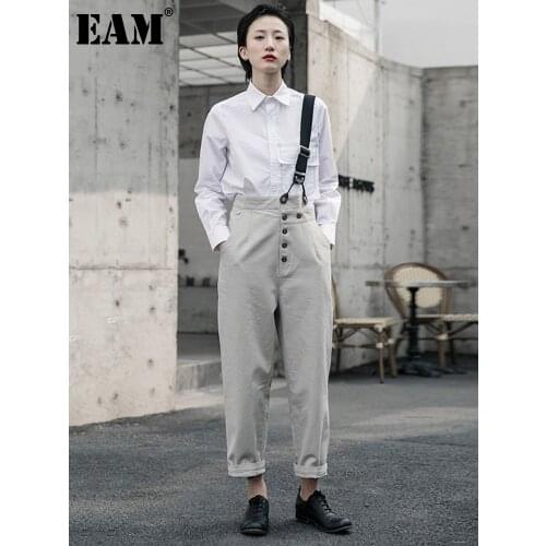 [EAM] High Waist Geay Button Split Joint Leisure Trousers Overalls New Loose Fit Pants Women Fashion Spring Autumn 2021 1R5860