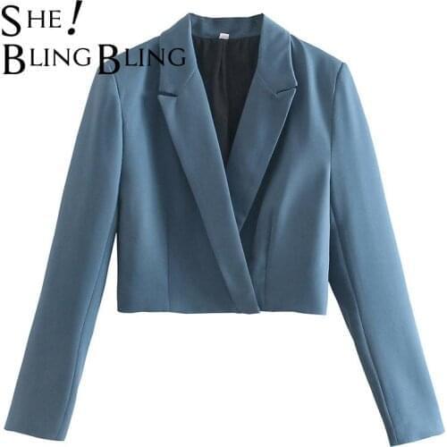 SheBlingBling Elegant Women Slim Navy Blue Cropped Blazers Spring Long Sleeve Female Suits Coat Office Short Jacket Outerwear