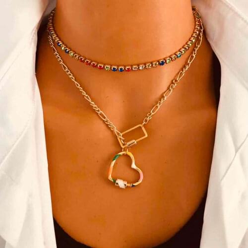 HaHaGirl New Bohemian Multicolor Heart Gold Pendant Necklaces For Women Punk Crystal Choker Necklaces Fashion Jewelry Party Gift