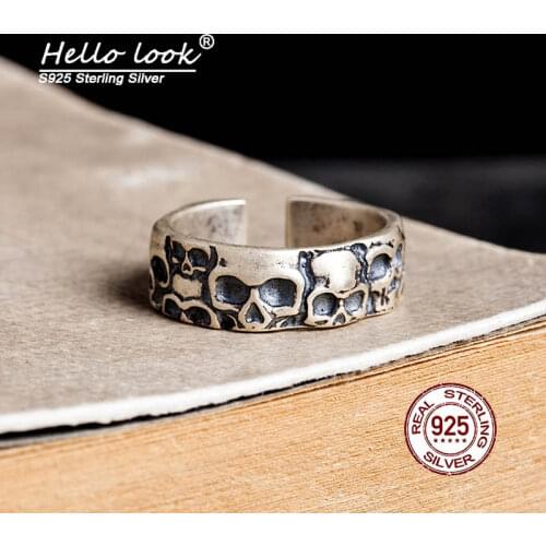 HelloLook 925 Sterling Silver Gothic Vintage Skull Ring for Men Women Adjustable Size Wrap Ring Punk Jewelry
