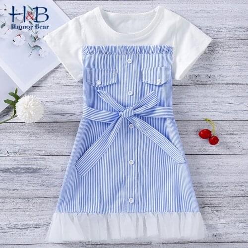 Humor Bear Girls Dress Summer New Short Sleeve Striped Stitching Mesh Gauze Bow Belt Prinecess Party Dress For 2-6Y