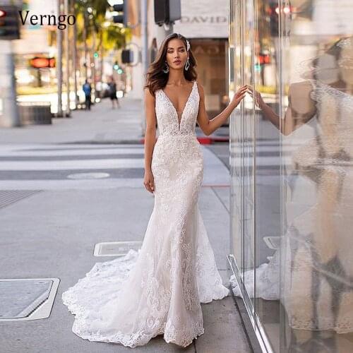 Verngo Exquisite Full Lace Applique Mermaid Wedding Dress V Neck V Back Buttons Back Sweep Train 2021 Elegant Bridal Dresses