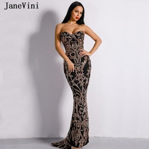 JaneVini Glitter Modern Sequined Black Gold Evening Dresses Long Sweetheart Sleeveless 2019 Saudi Arabia Sexy Women Formal Dress