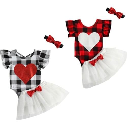 FOCUSNORM Valentines Day Baby Girls Clothes Sets 3pcs Heart Plaid Print Ruffles Flying Sleeve Romper Lace Tutu Skirts Headband