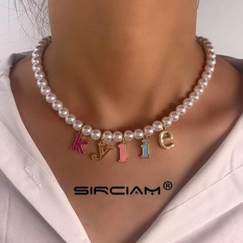 Korean Candy Kylie White Pearl Beaded Necklace For Women Choker Simulated Pearl Glazed Letter Pendant Necklaces Vacation Jewelry