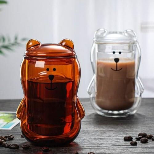Creative 300ML Bear Double Cup Personalized Coffee Mug with Cover Transparent Glass Coffee Cup Cute Cartoon Amber Bear Mugs