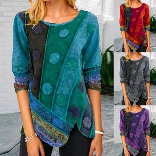 HOT SALES！！！New Arrival Autumn Women Retro Printed Irregular Hem O Neck Long Sleeve Blouse T-shirt Tunic