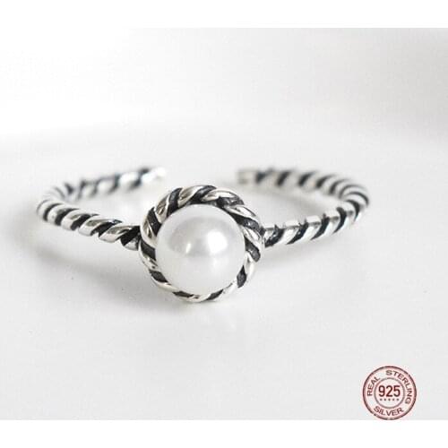 LKO 925 Sterling Silver Twist Weave Pearl Adjustable Opening Ring Fine Jewelry For Women Wedding Party Accessories 2021 Trend