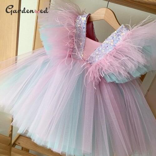 Cute Puffy Girl Party Dress Sequin Wedding Girls Wear Flower Girl Dress Children Kid Princess First Communion Dress