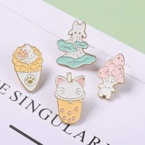 Cartoon Enamel Pins Pink Blue Mushroom Brooches Custom Badge Ice Cream Cat Shape Drink Cute Gift for Friends Kids Jewelry