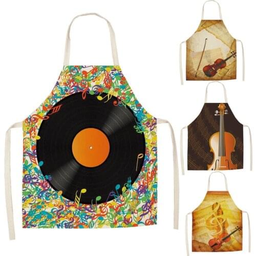 Musical Note Pattern Kitchen Aprons for Woman Man Dinner Party Cooking Cotton Linen Bibs Cleaning Tools