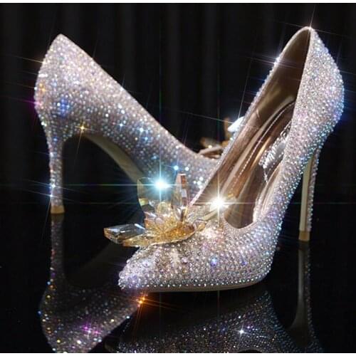 Autumn new pointed crystal rhinestone stiletto high heel bridal wedding shoes banquet dress large size wild womens single shoes