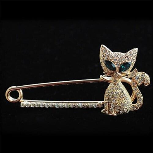 New Plated Animal Brooches Pins Fashion Green Eye Crystal Cat Brooches