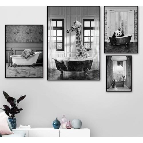 Animal in Bathtub Poster Print Giraffe Camel Elephant Panda Bath Canvas Painting Nursery Wall Art Pictures Kid Room Home Decor